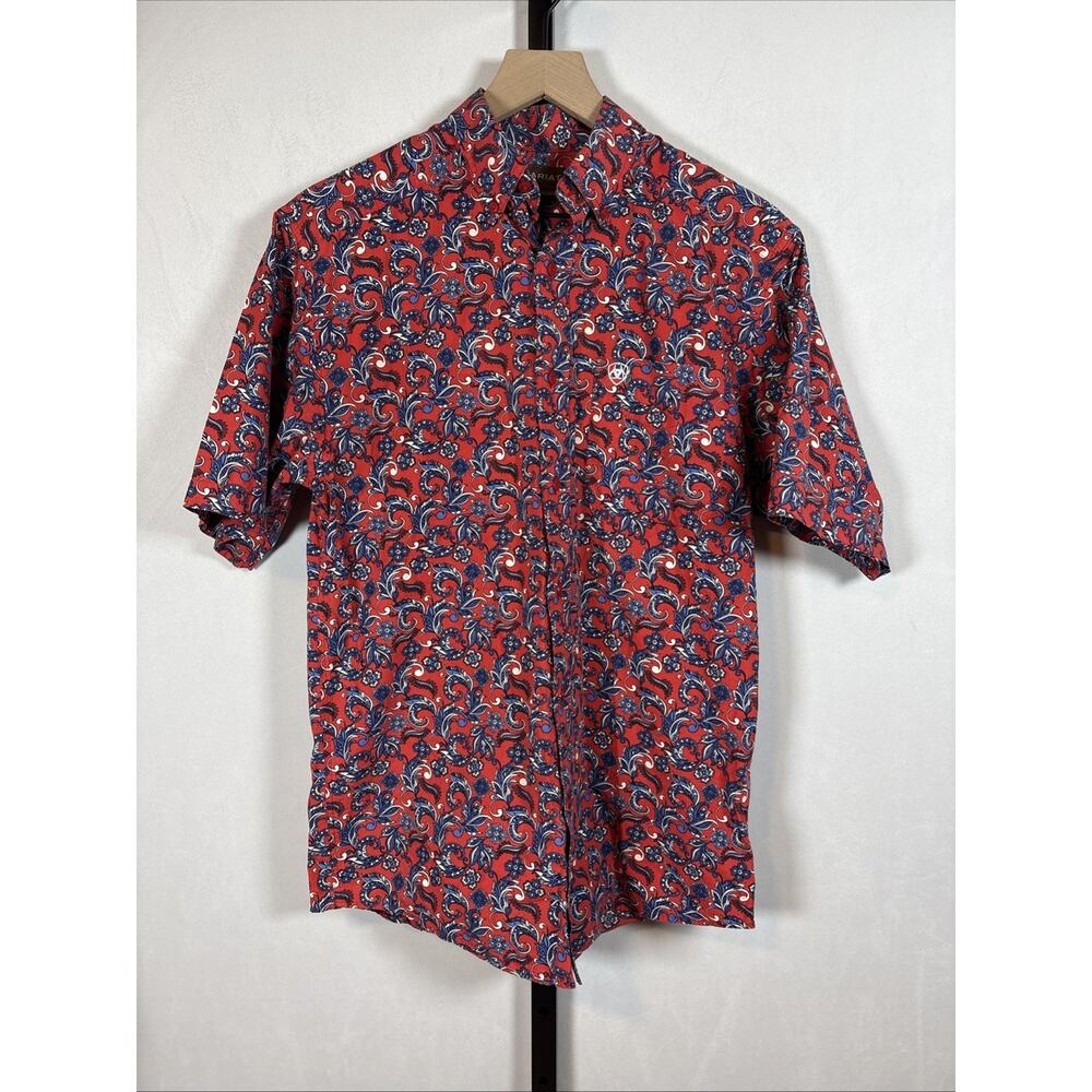 Ariat Short Sleeve Button Down Shirt Men’s Small Red Cotton Paisley Logo Classic